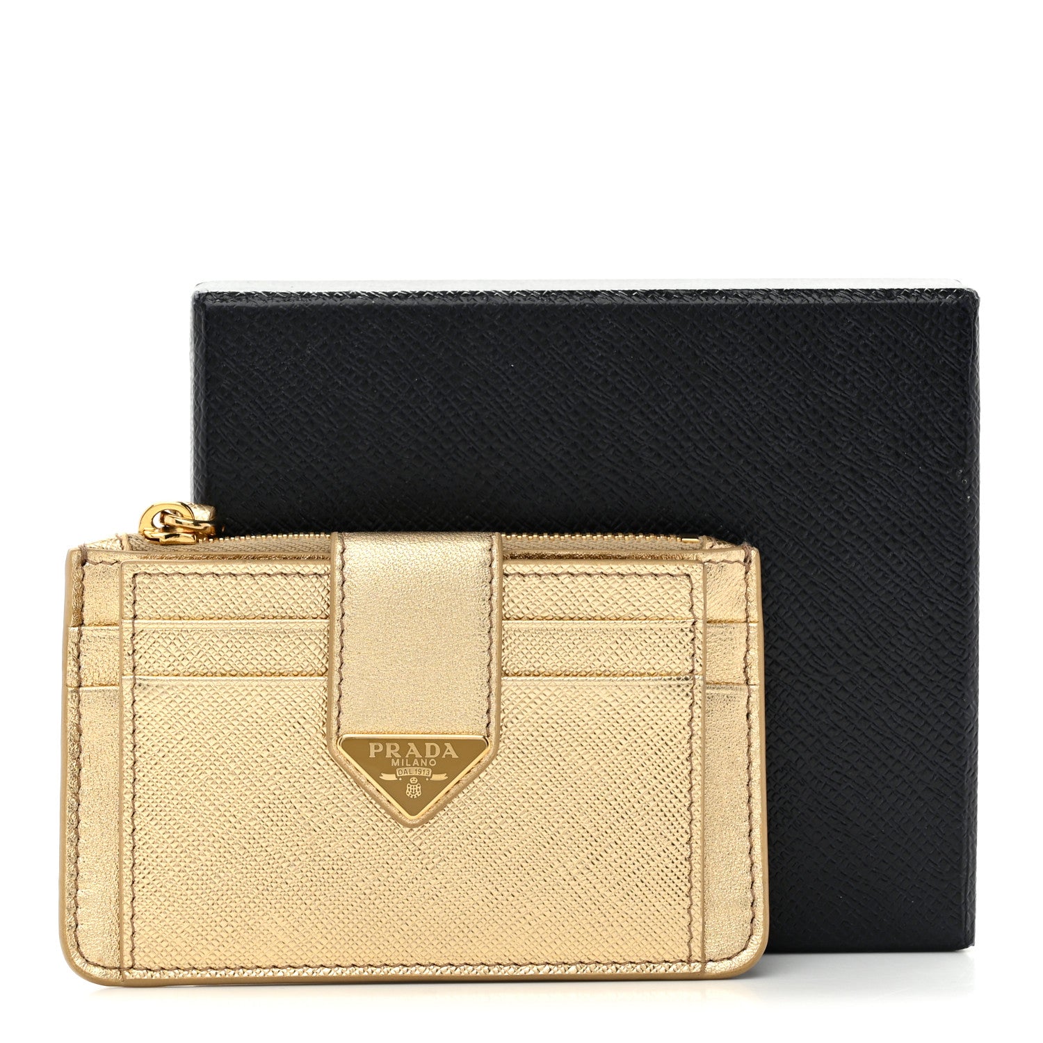 Prada Metallic Saffiano City Calf Triangle Card Holder Gold