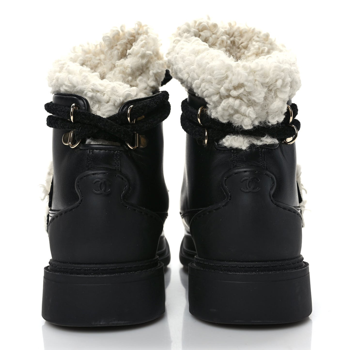 Calfskin Shearling CC Lace Up Boots 37 Black
