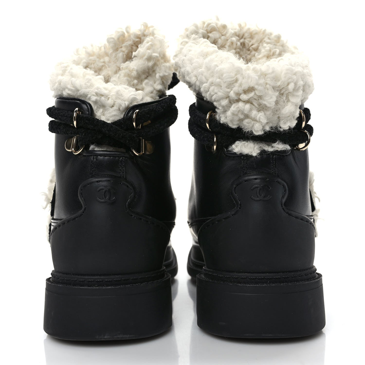 Chanel Calfskin Shearling CC Lace Up Boots 37 Black 5 of 10