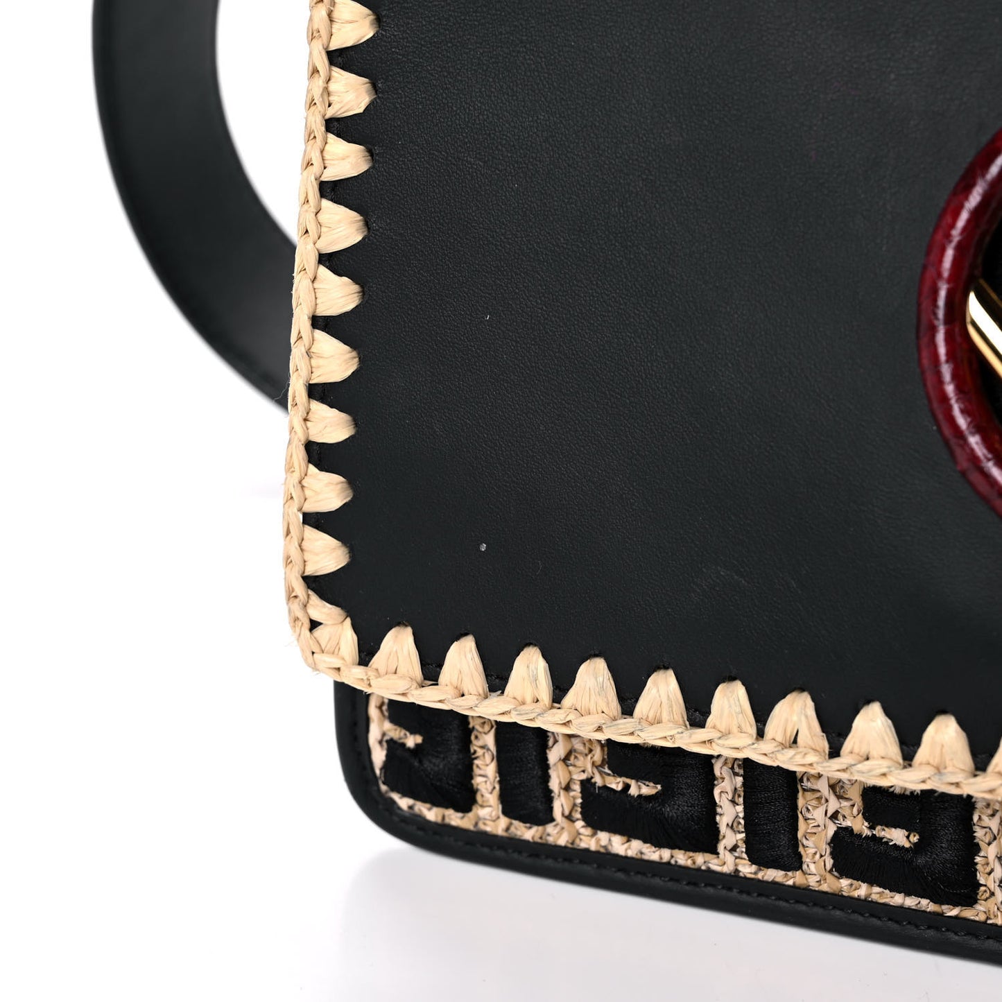 Vitello Century Raffia Snakeskin F is Fendi FF Woven Embroidered Kan I Shoulder Bag Black Natural