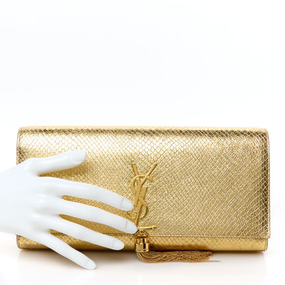 Saint Laurent Metallic Calfskin Snakeskin Embossed Classic Monogram Tassel Clutch Gold 2 of 8