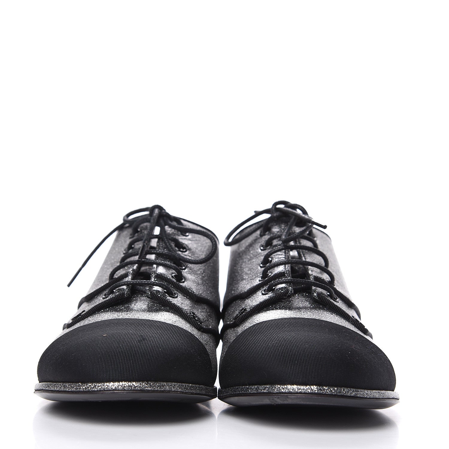 Chanel Glitter Fabric Grosgrain Cap Toe Lace Up Oxfords 37 Black Silver 2 of 9