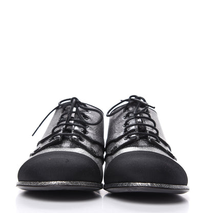 Chanel Glitter Fabric Grosgrain Cap Toe Lace Up Oxfords 37 Black Silver 2 of 9