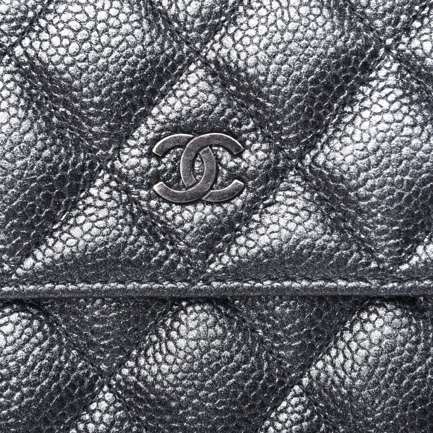 Metallic Caviar Quilted Large Flap Wallet Charcoal