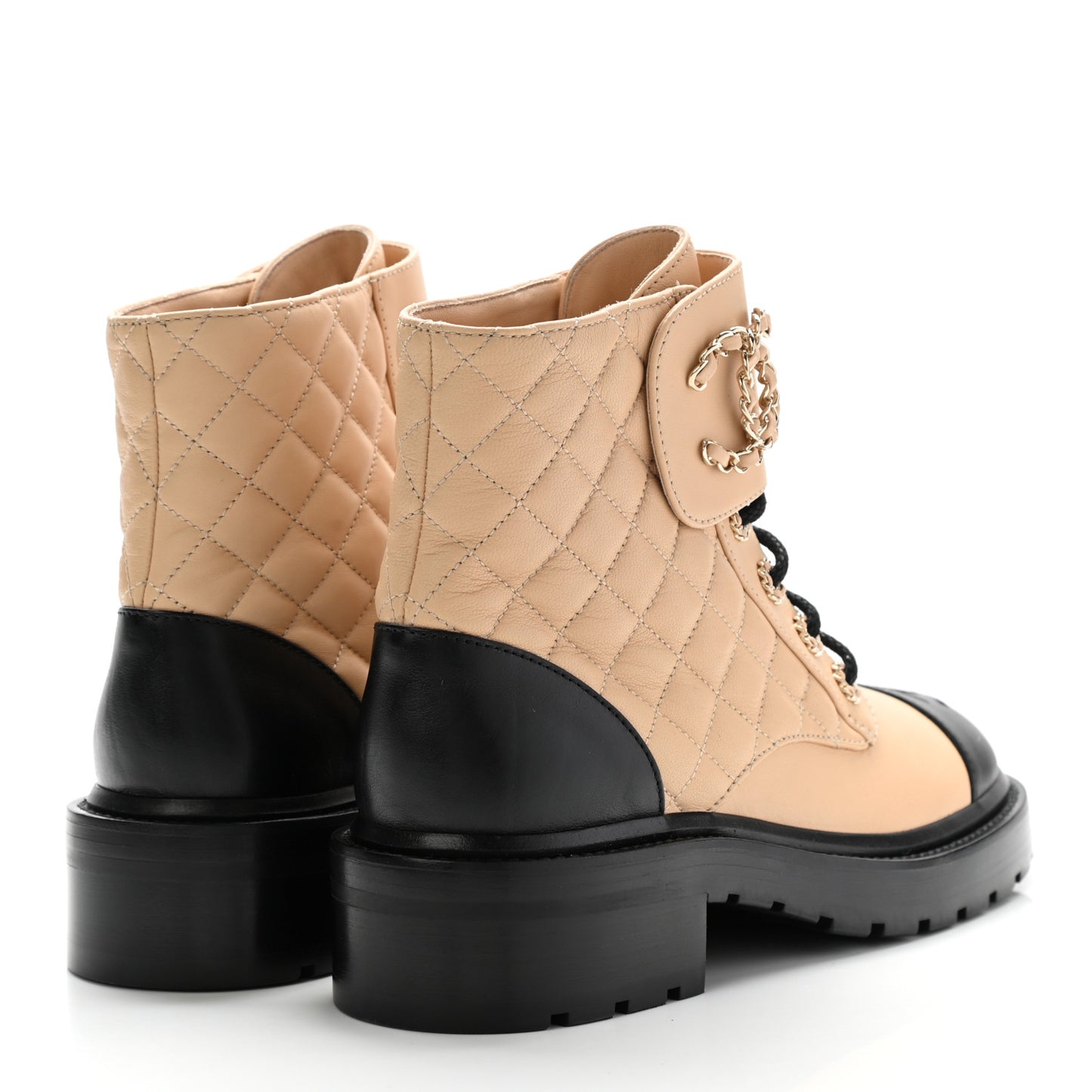 Lambskin Calfskin Quilted Lace Up Combat Boots 37.5 Beige Black
