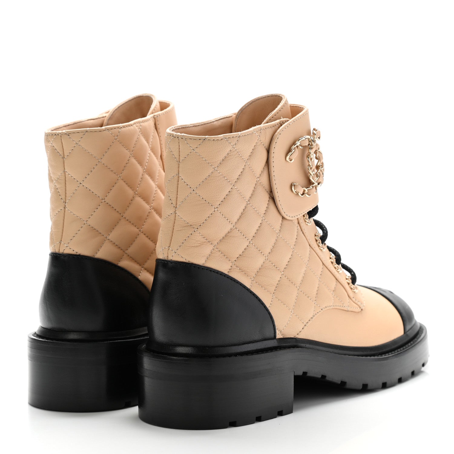 Chanel Lambskin Calfskin Quilted Lace Up Combat Boots 37.5 Beige Black 4 of 14