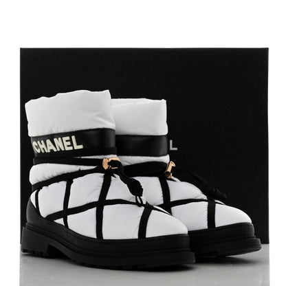 Chanel Calfskin Nylon Grosgrain CC Ankle Snow Boots 39.5 White Black 11 of 11