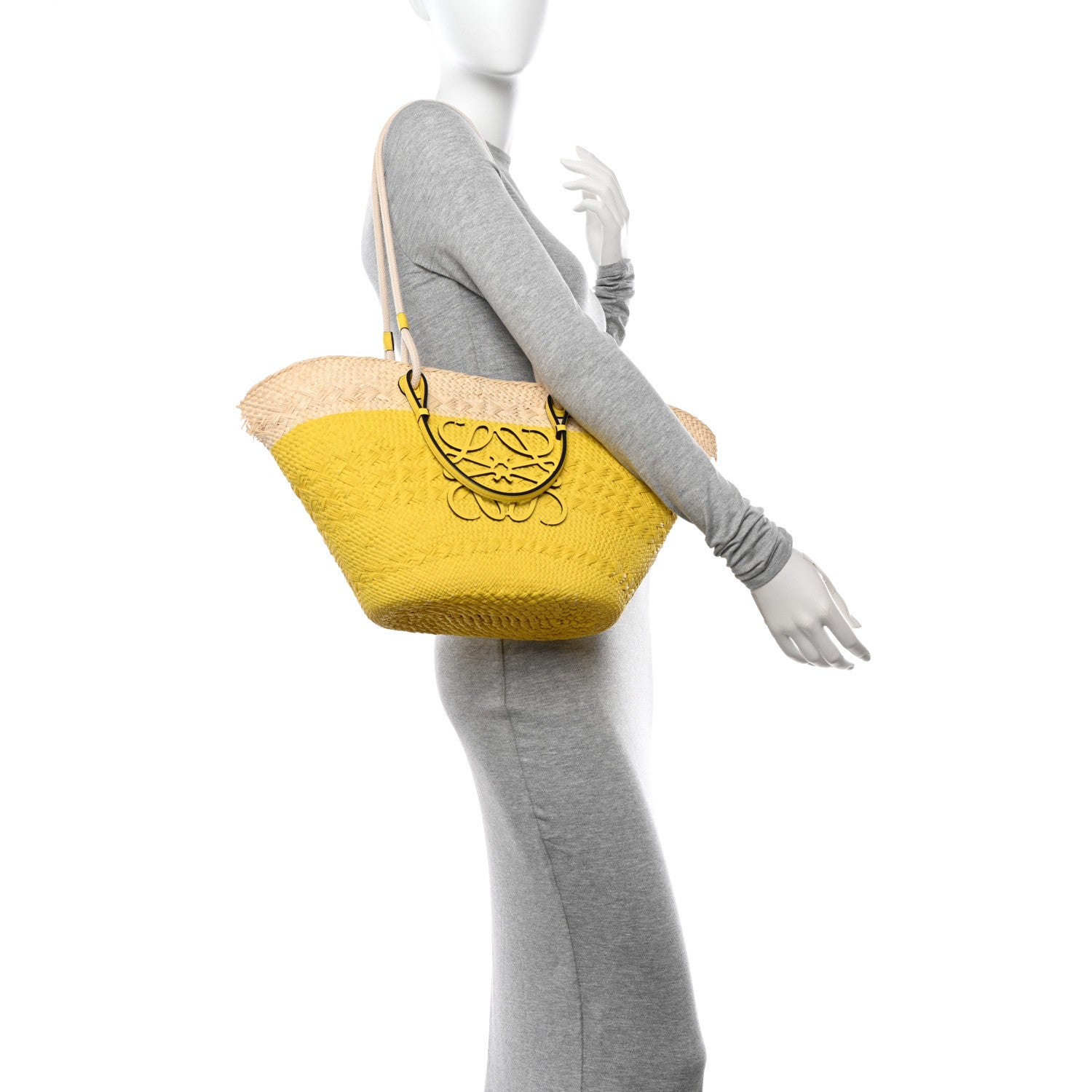 Loewe Calfskin Raffia Paulas Ibiza Medium Anagram Basket Tote Bag Natural Lemon 3 of 13