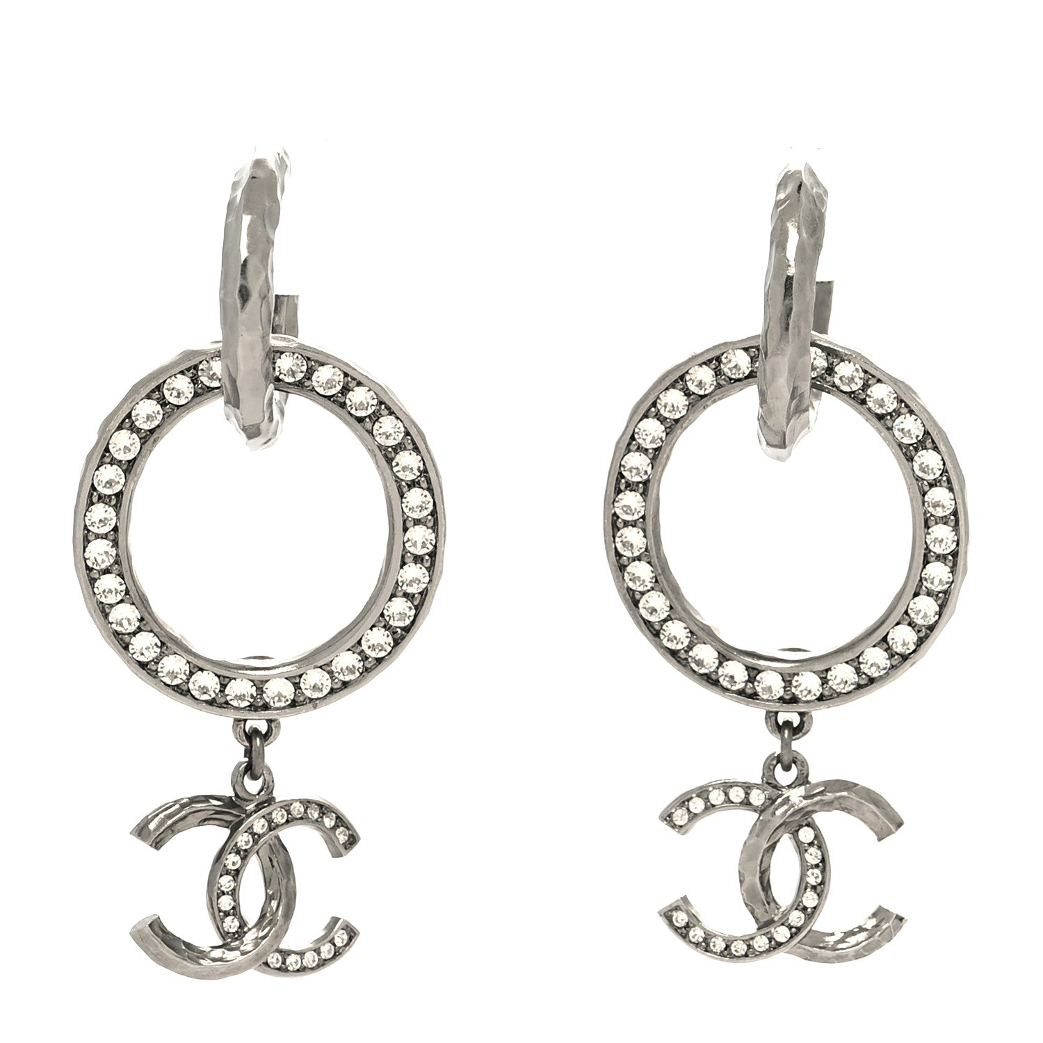 Chanel Crystal CC Hoop Drop Earrings Silver 1 of 4