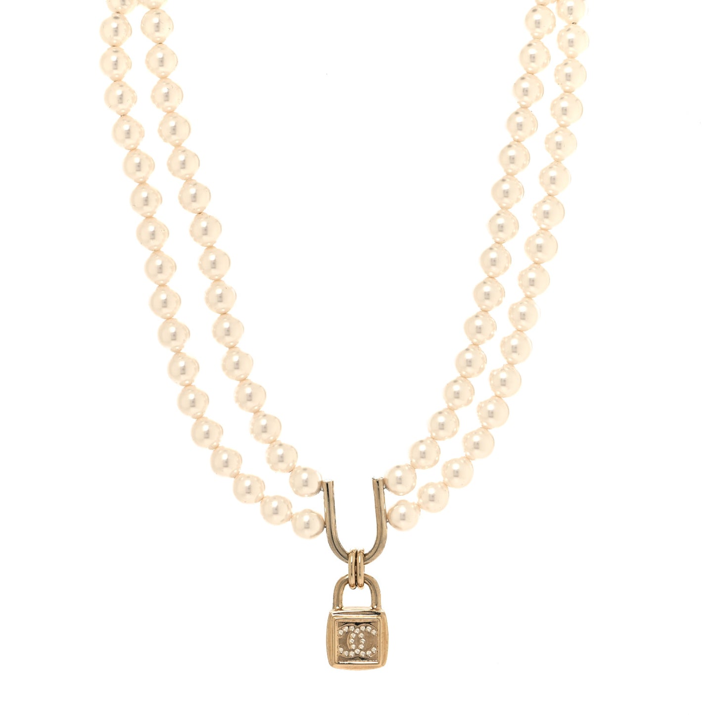 Pearl Crystal CC Lock Choker Necklace Gold Pearly White