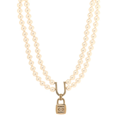 Chanel Pearl Crystal CC Lock Choker Necklace Gold Pearly White 1 of 6