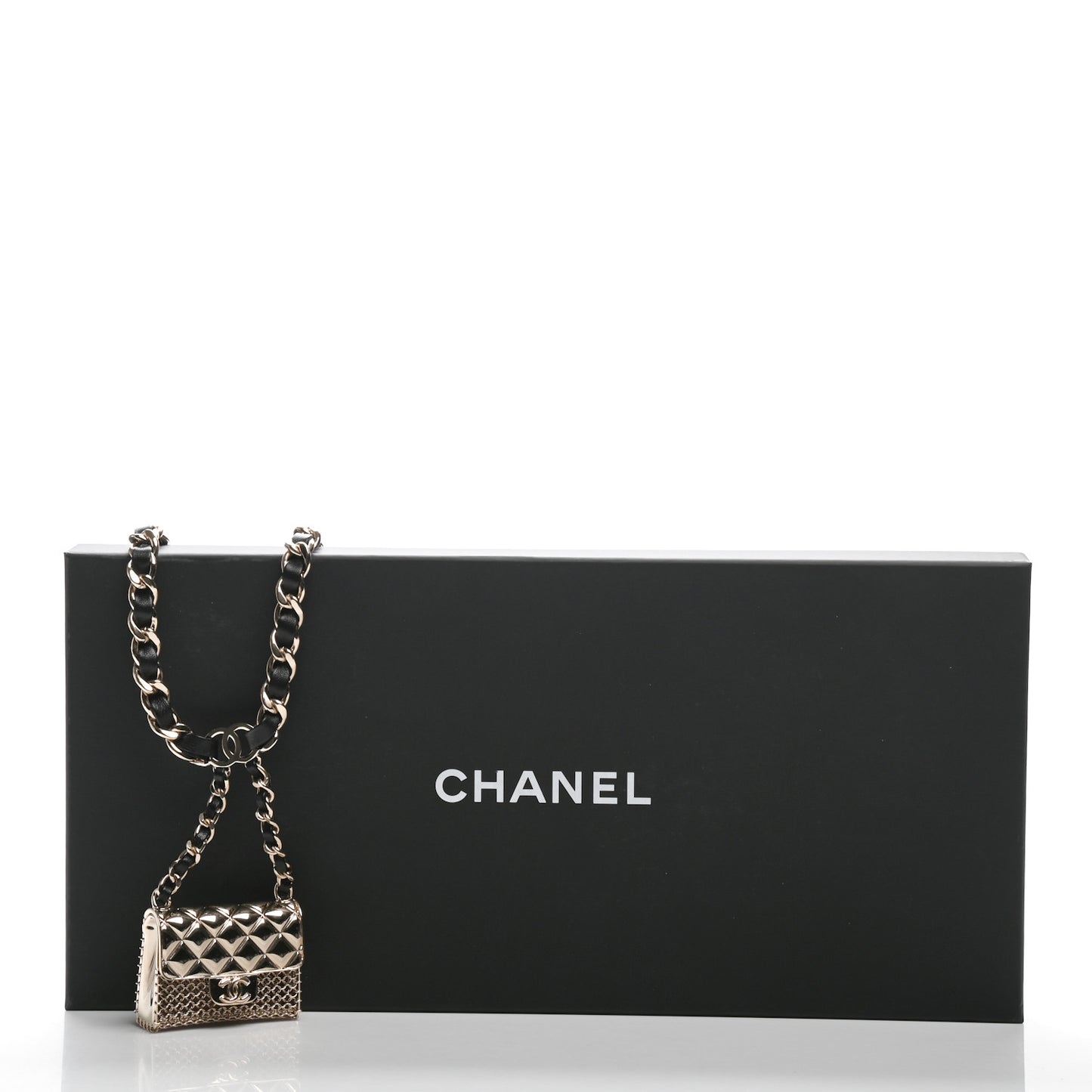 Metal Lambskin Chain Flap Bag Long Necklace Gold Black
