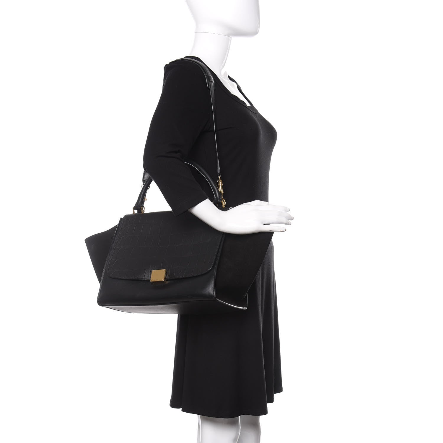 Celine Crocodile Embossed Calfskin Suede Medium Trapeze Black 2 of 19