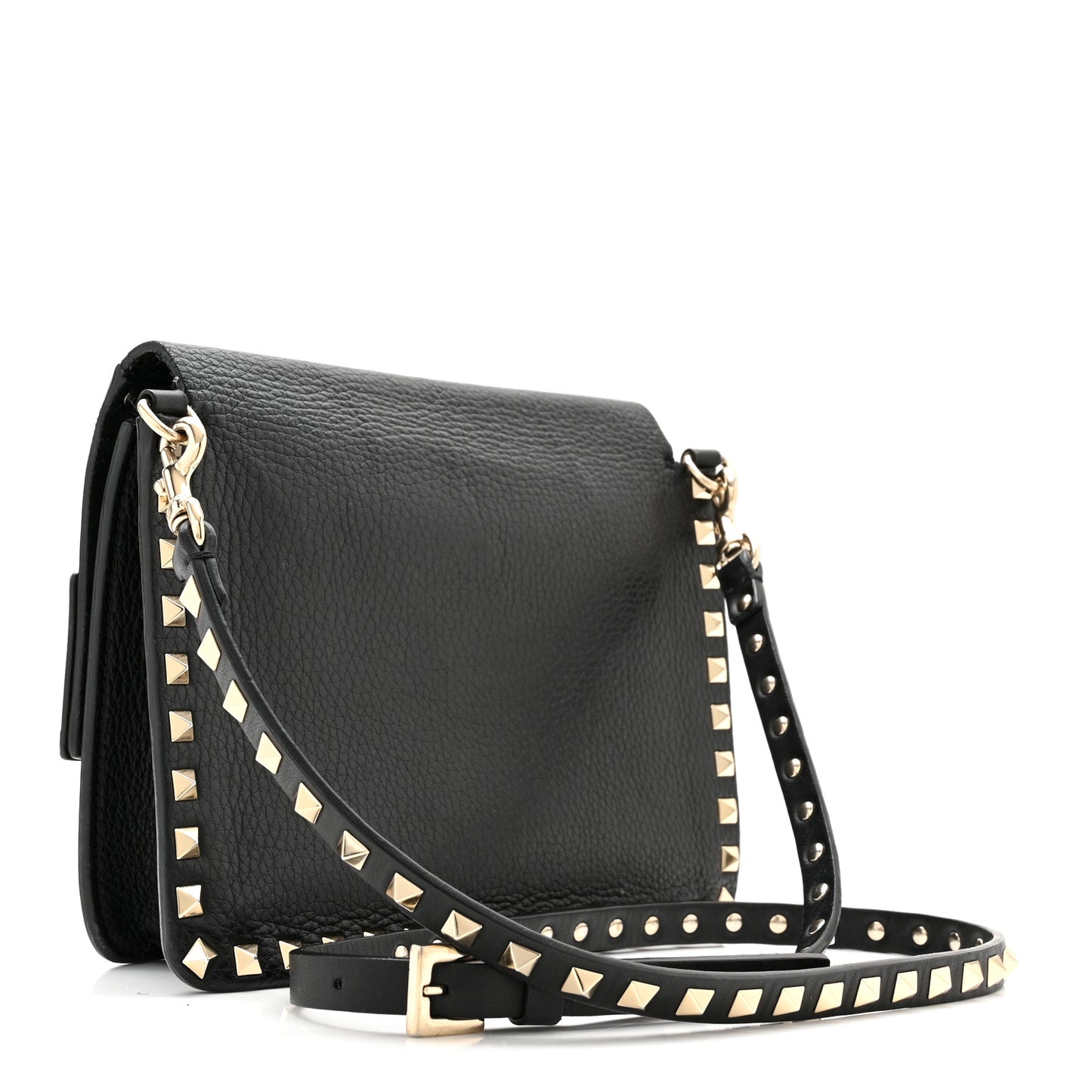 Pebbled Calfskin Rockstud Side Slip Crossbody Black