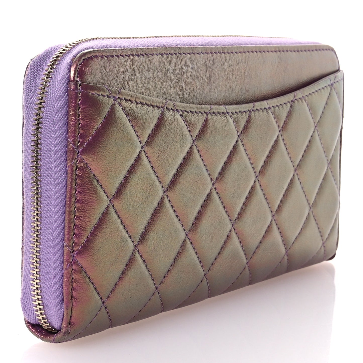 Iridescent Lambskin Quilted Large Gusset Zip Around Wallet Purple
