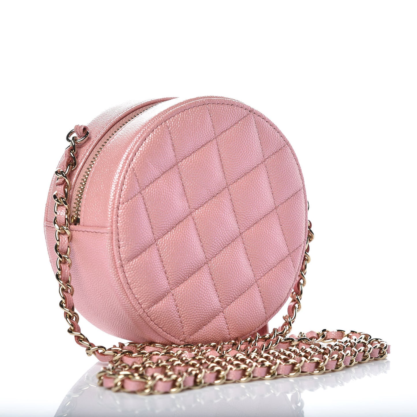 Iridescent Caviar Quilted Round Clutch With Chain Pink