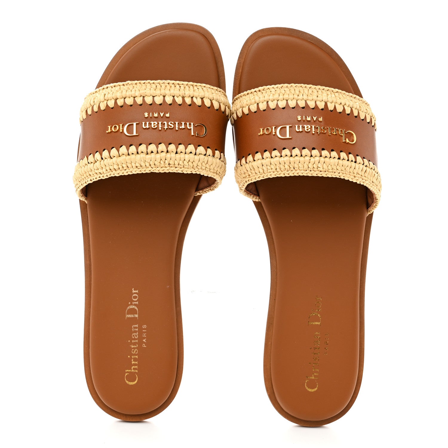 Christian Dior Calfskin Raffia Dioriviera D-Lane Flat Slide Sandals 38.5 Camel 2 of 9