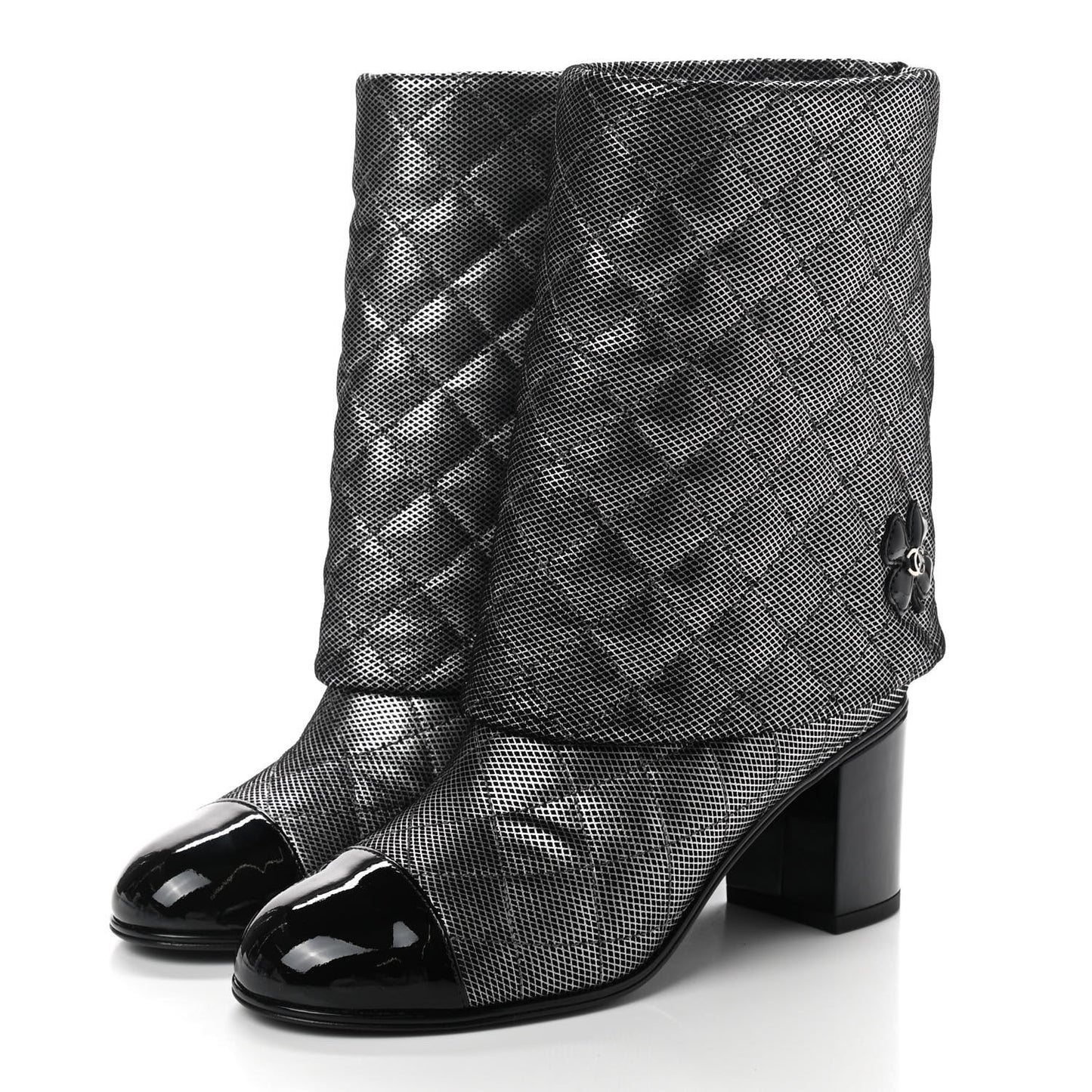 Fantasy Calfskin Patent Foldover CC Cap Toe Clover Short Boots 36 Silver Black