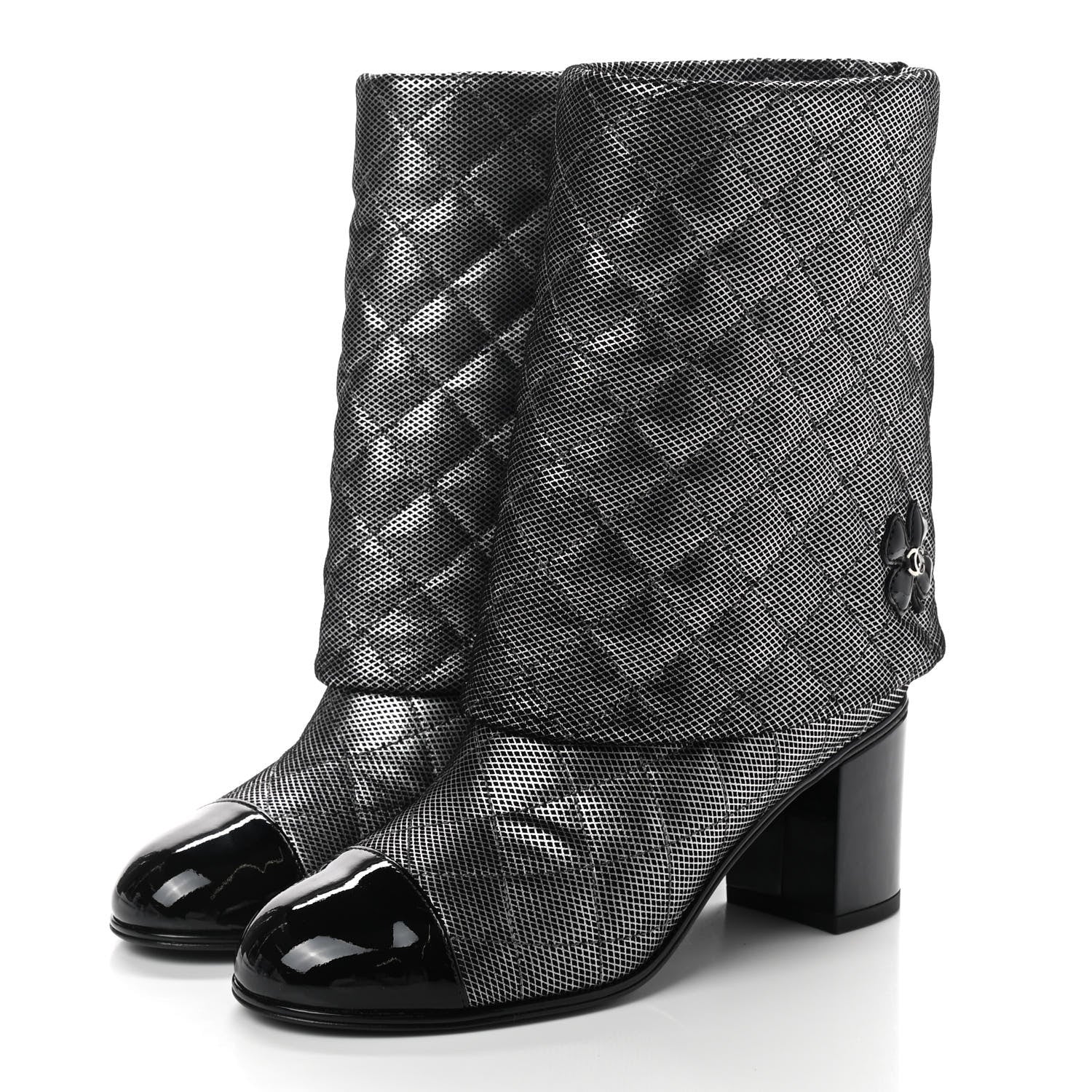 Chanel Fantasy Calfskin Patent Foldover CC Cap Toe Clover Short Boots 36 Silver Black 3 of 8