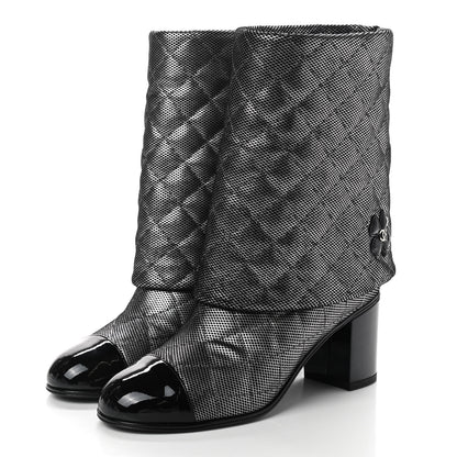 Chanel Fantasy Calfskin Patent Foldover CC Cap Toe Clover Short Boots 36 Silver Black 3 of 8