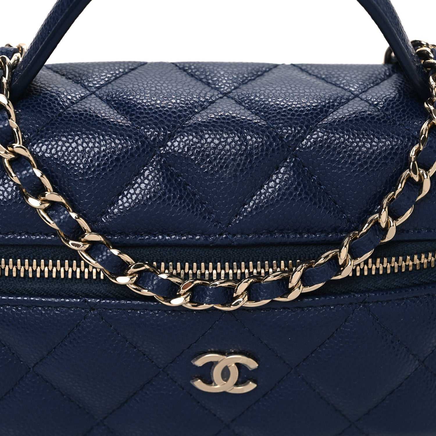 Chanel Caviar Quilted Top Handle Slim Vanity With Chain Navy