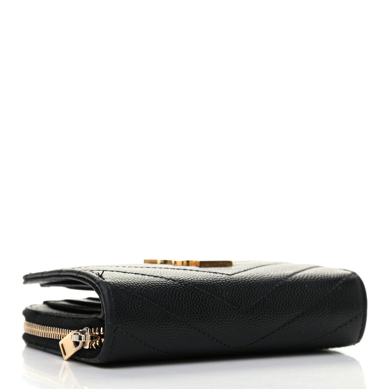 Saint Laurent Grain De Poudre Matelasse Chevron Monogram Compact Zip Around Wallet Black 3 of 6