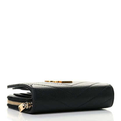 Saint Laurent Grain De Poudre Matelasse Chevron Monogram Compact Zip Around Wallet Black 3 of 6
