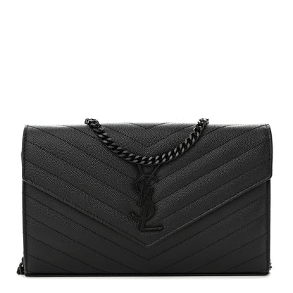 Saint Laurent Grain De Poudre Matelasse Chevron Monogram Monochrome Chain Wallet Black 1 of 12
