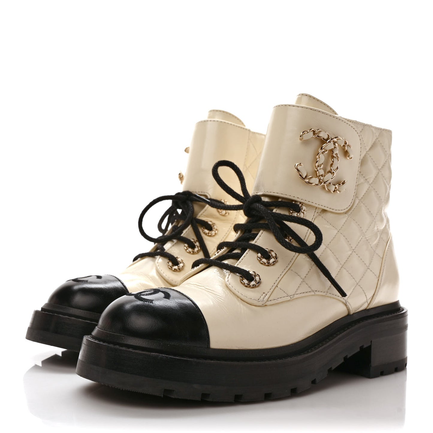 Shiny Goatskin Calfskin Quilted Lace Up Combat Boots 38 Ivory Black