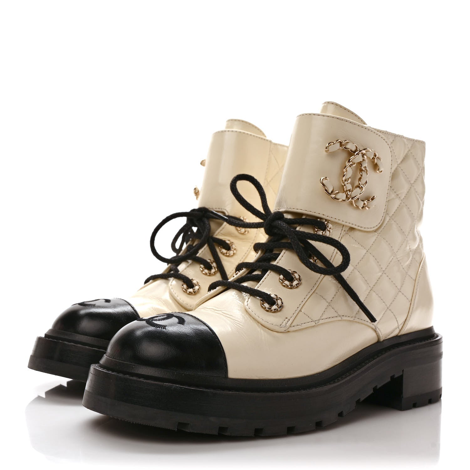 Chanel Shiny Goatskin Calfskin Quilted Lace Up Combat Boots 38 Ivory Black 3 of 10