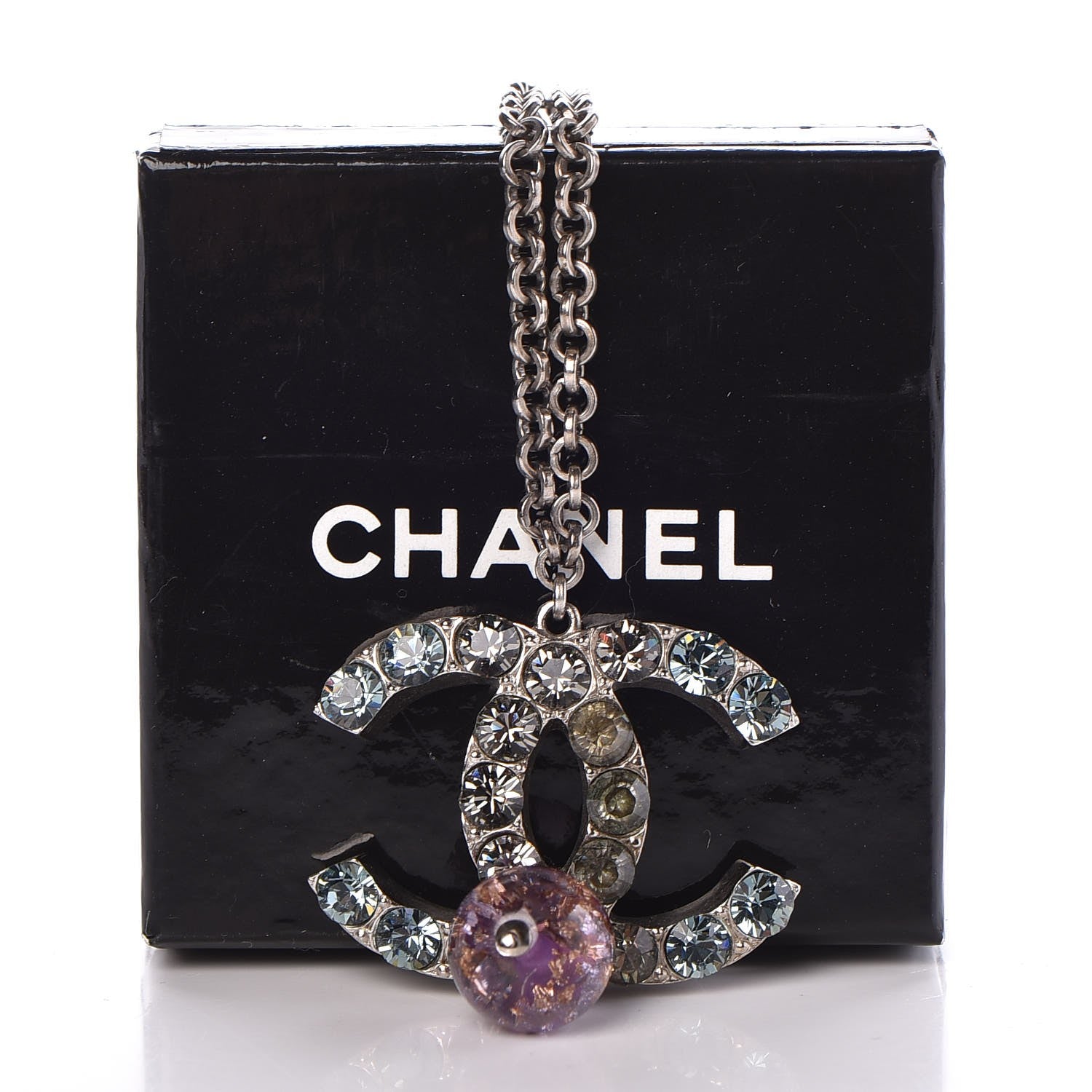 Chanel Crystal CC Drop Necklace Silver Blue Purple 8 of 8