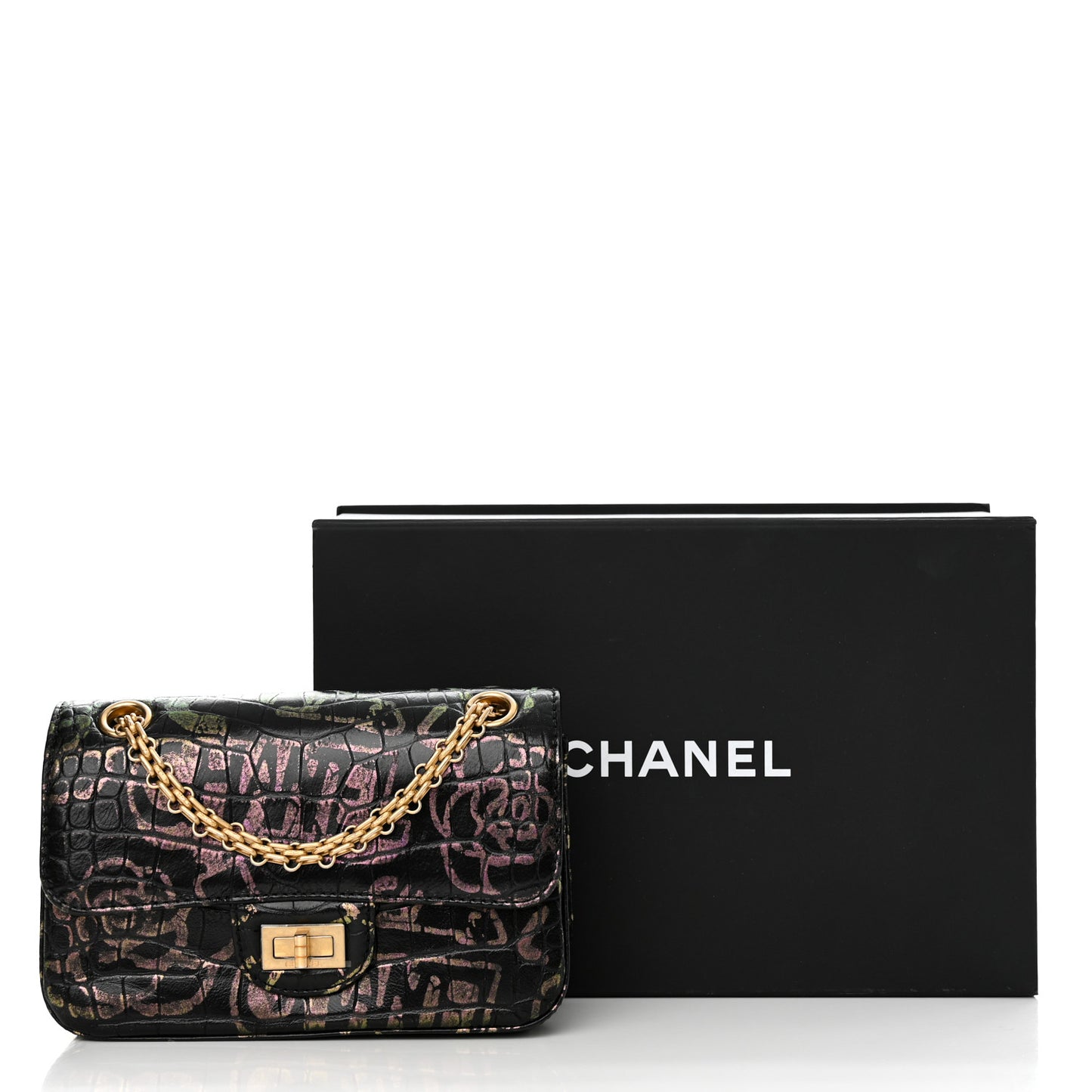 Calfskin Crocodile Embossed Graffiti 2.55 Mini Cocodile Reissue Flap Black Pink