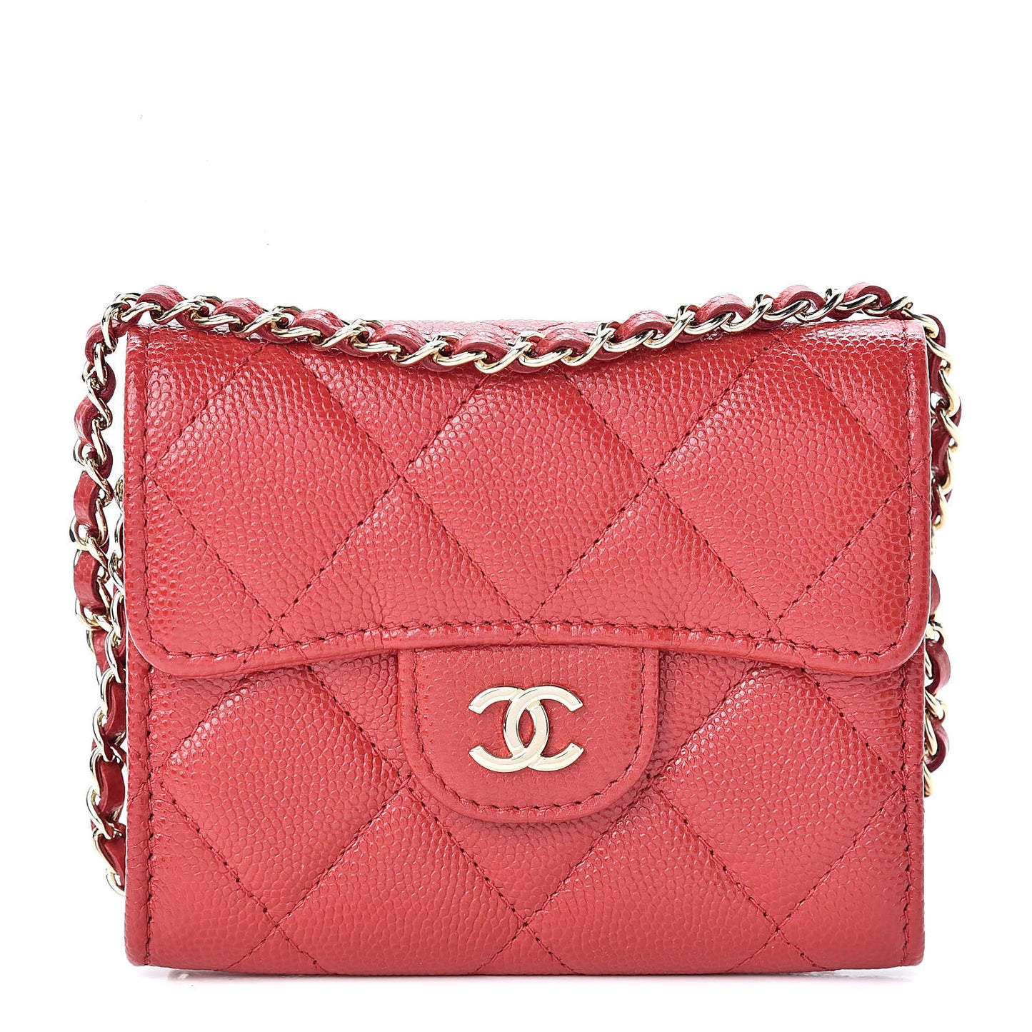 Caviar Quilted Flap Card Holder On Chain Red