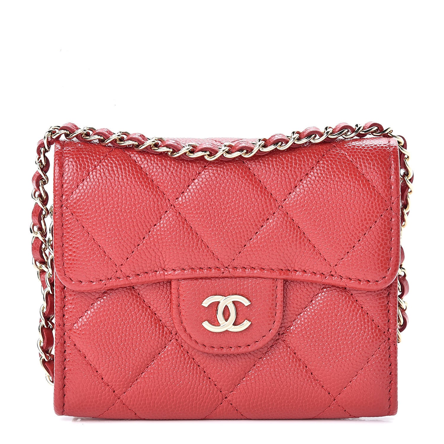 Chanel Caviar Quilted Flap Card Holder On Chain Red 1 of 10