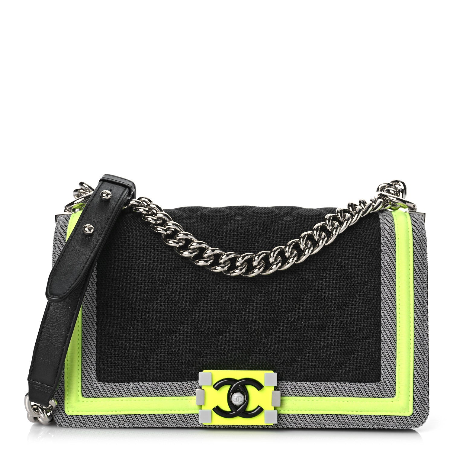 Chanel Canvas Quilted Medium Fluo Boy Flap Black Grey Yellow 2 of 9