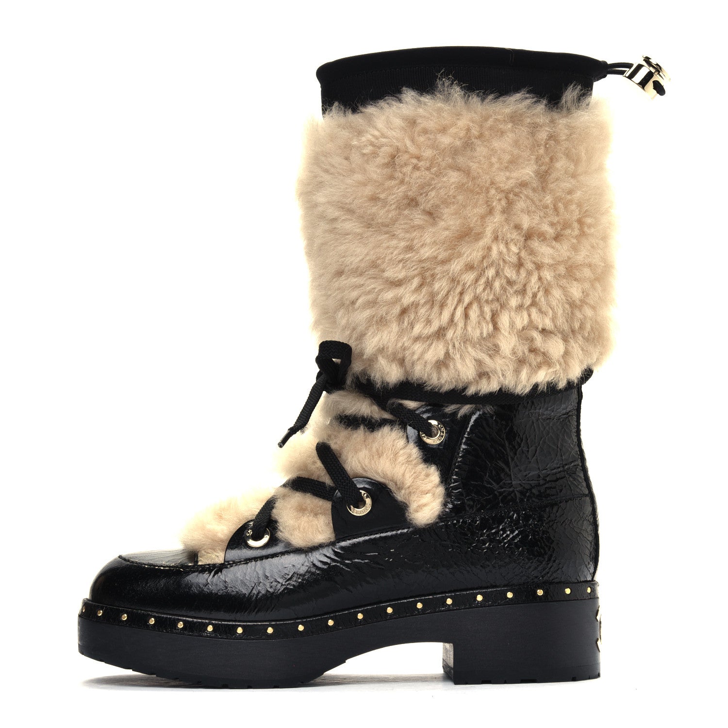 Chanel Patent Shearling Lace Up Boot 37 Black 1 of 6