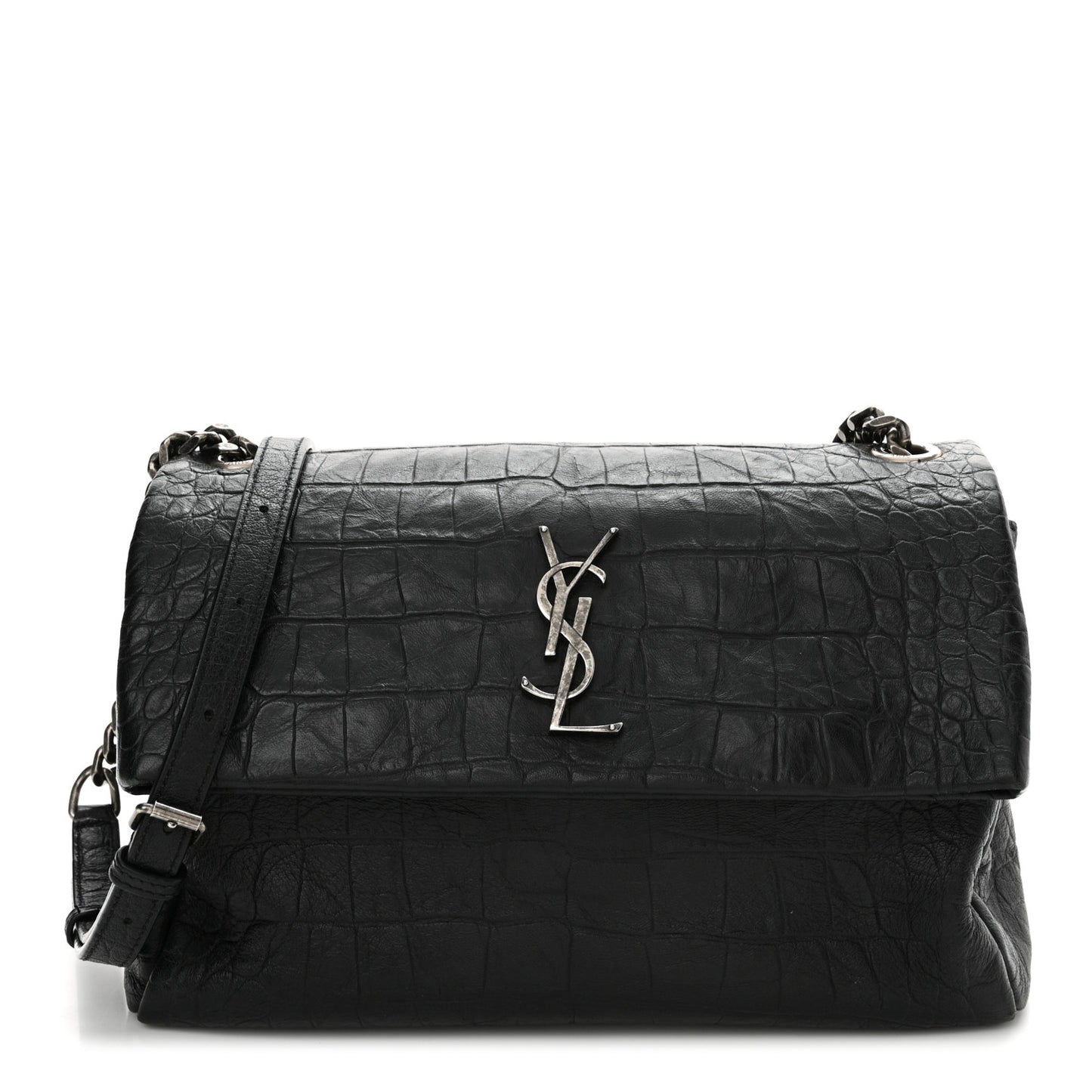 Calfskin Crocodile Embossed Medium West Hollywood Monogram Fold-Over Black