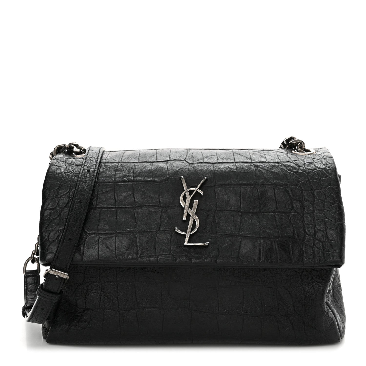 Saint Laurent Calfskin Crocodile Embossed Medium West Hollywood Monogram Fold-Over Black 1 of 13