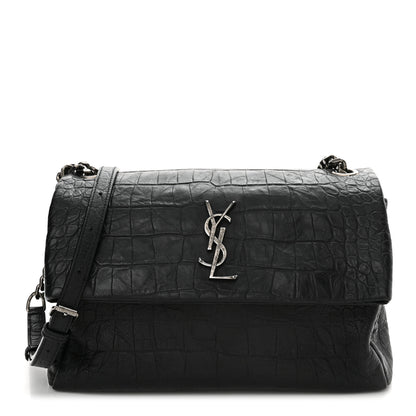 Saint Laurent Calfskin Crocodile Embossed Medium West Hollywood Monogram Fold-Over Black 1 of 13