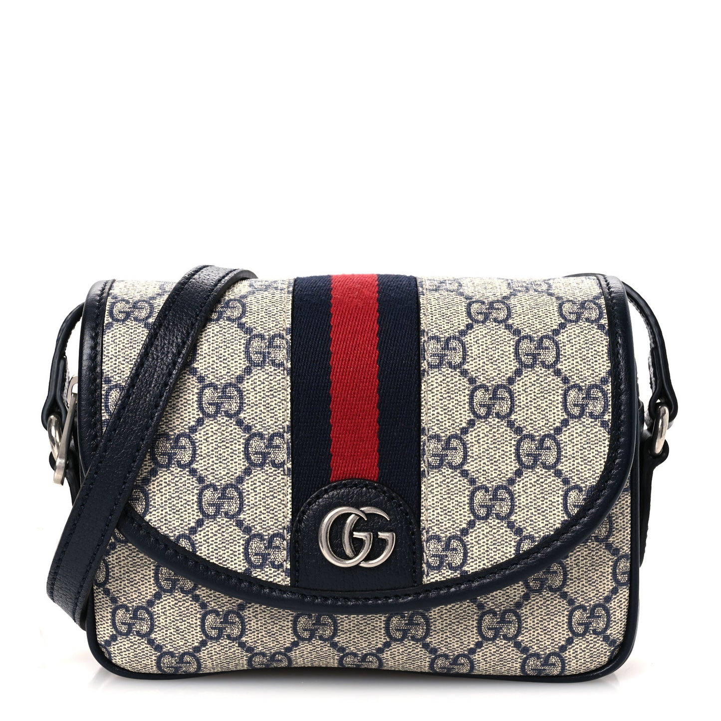 GG Supreme Monogram Textured Dollar Calfskin Mini Ophidia Flap Shoulder Bag Beige Blue