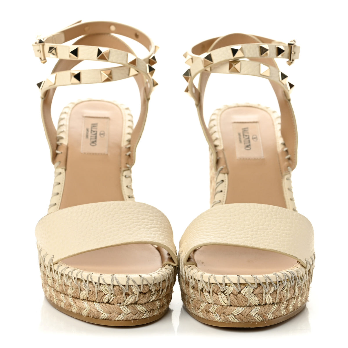 Valentino Garavani Grained Calfskin Rockstud Ankle Strap Espadrille 15/105mm Wedge Sandals 36 Light Ivory Natural 3 of 10