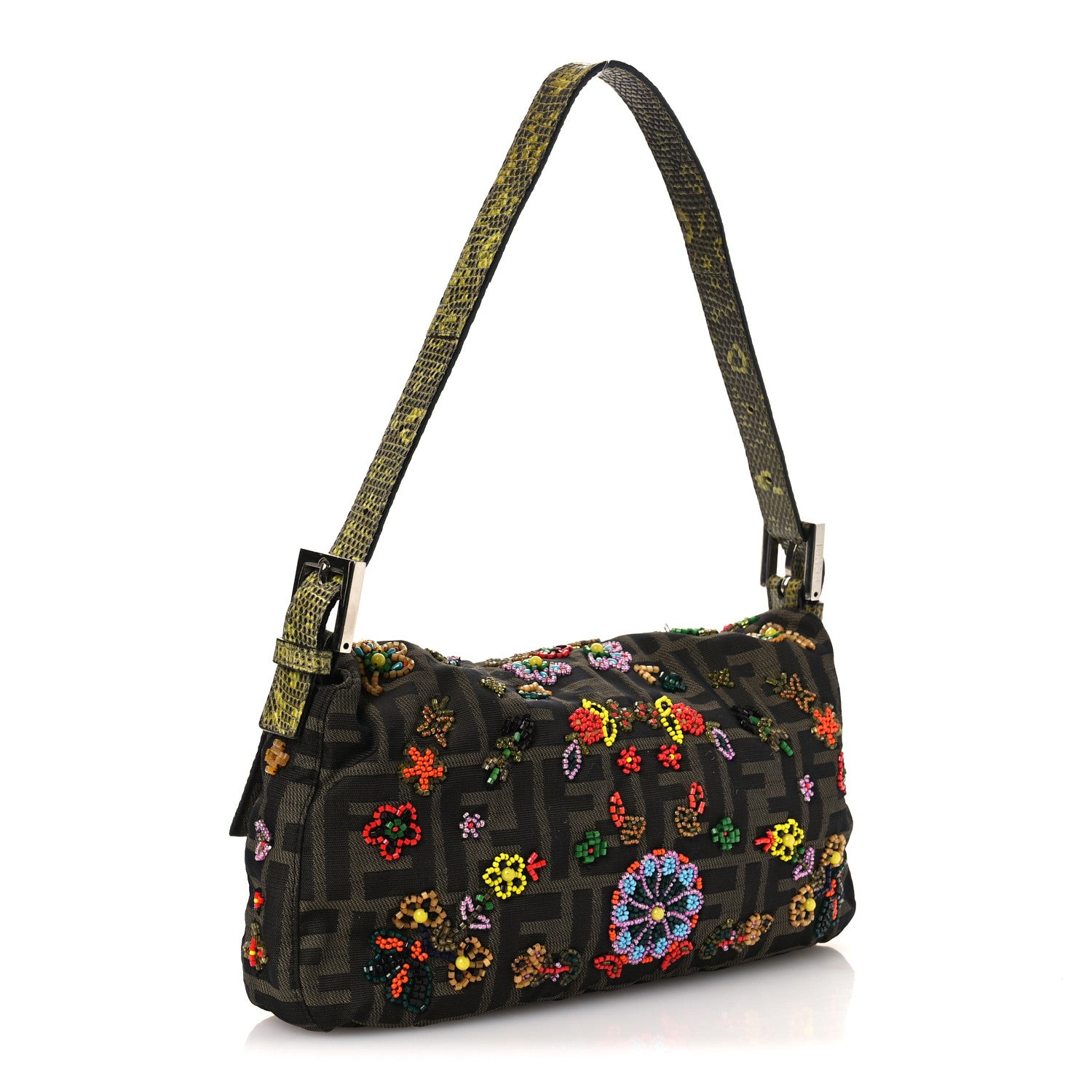 Fendi Zucca Lizard Embroidered Baguette Tobacco Green Multicolor