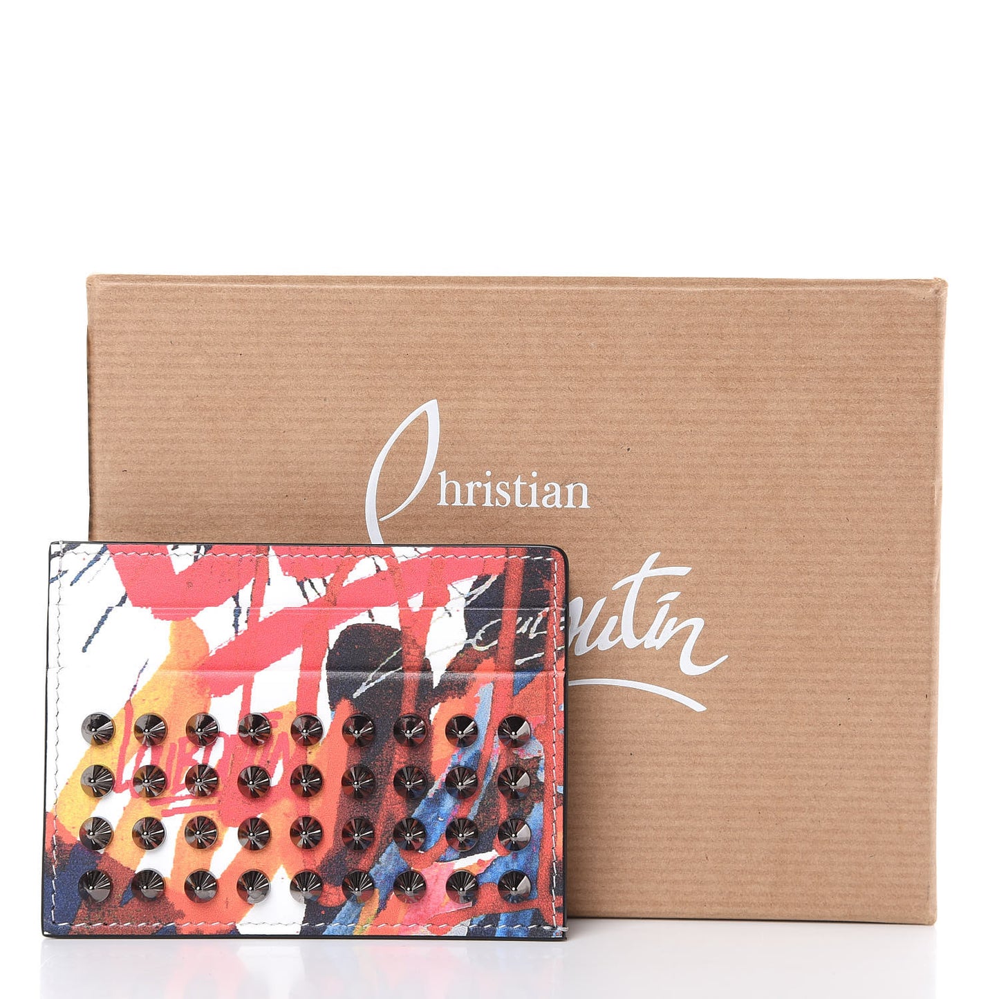 Calfskin Graffiti Spike Card Holder White Multicolor