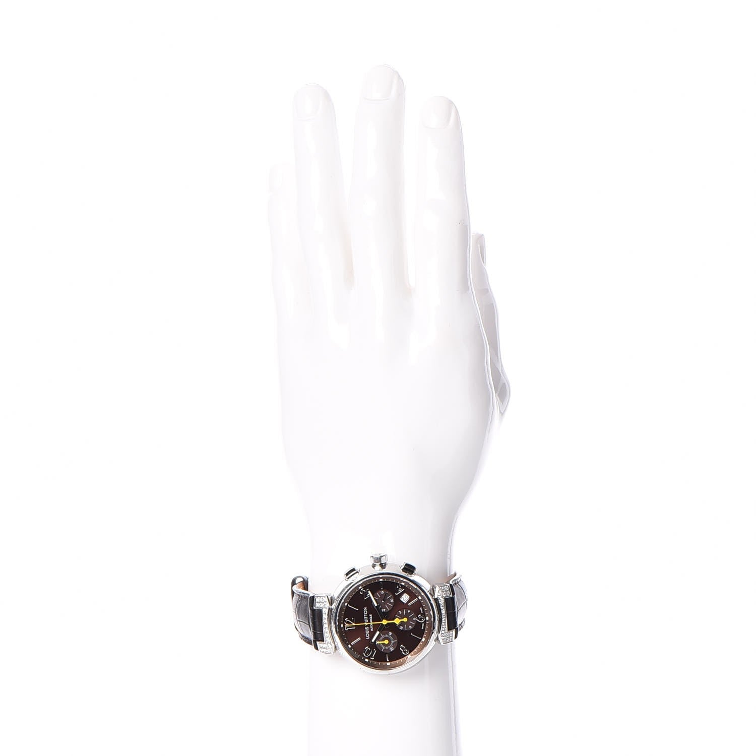 Louis Vuitton Stainless Steel Alligator Diamond 41mm Tambour Chronograph Automatic Watch Brown 2 of 9
