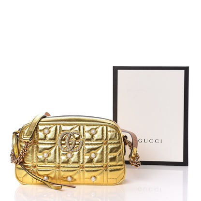 Gucci Metallic Calfskin Matelasse Studded Small Pearly GG Marmont Chain Shoulder Bag Gold 10 of 10