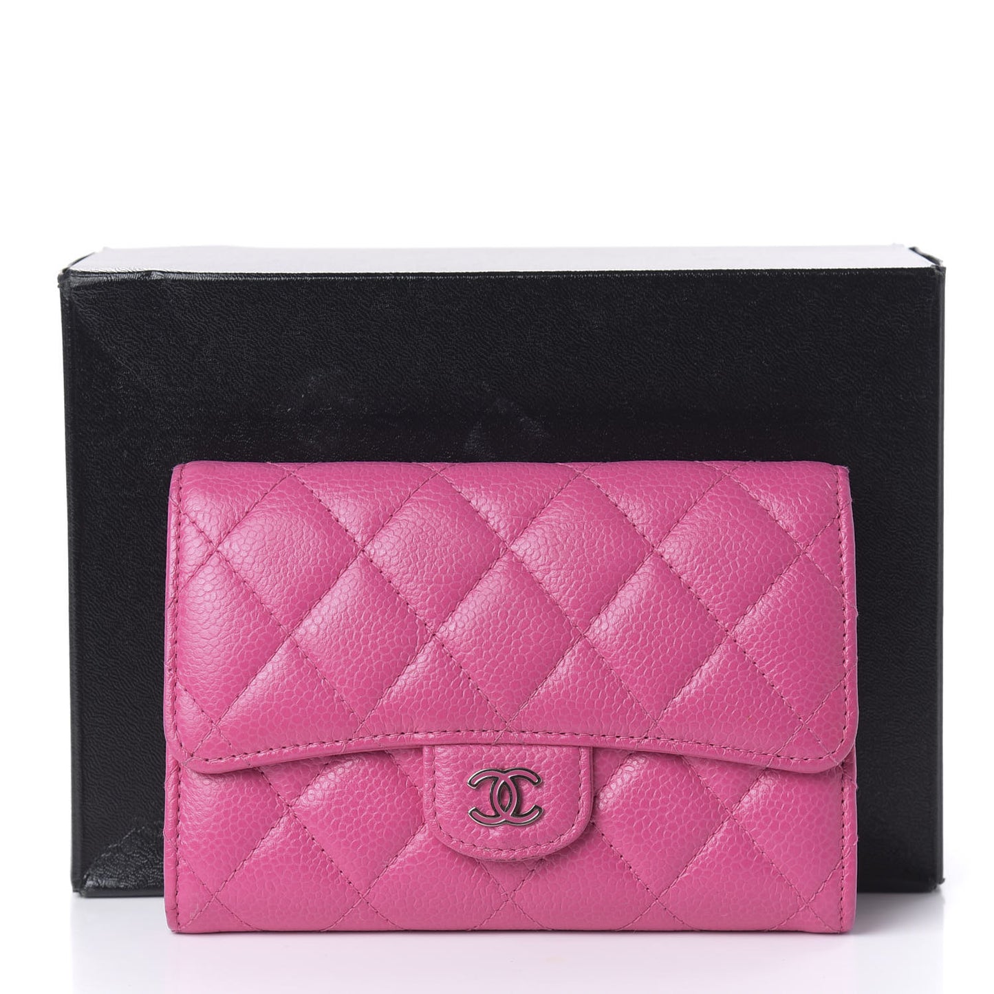 Iridescent Caviar Quilted Medium Flap Wallet Pink