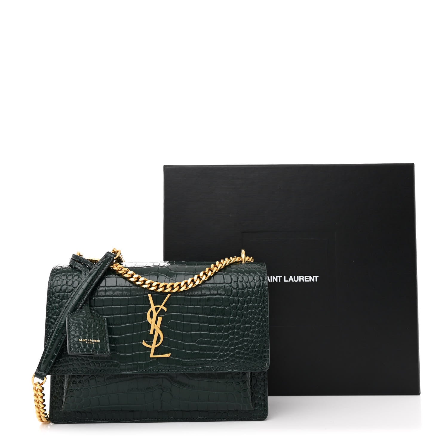 Saint Laurent Calfskin Crocodile Embossed Medium Monogram Sunset Dark Green 14 of 14