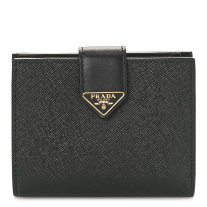 Prada Saffiano Small Triangle Bi-Fold Tab Wallet Black 1 of 8