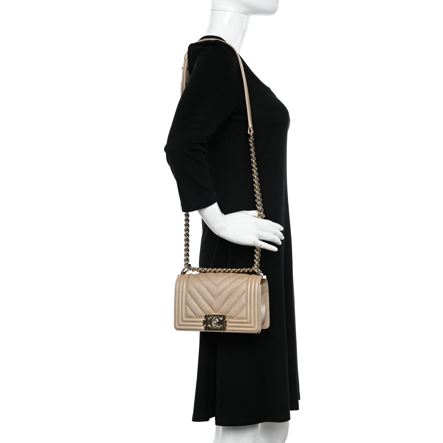 Iridescent Caviar Chevron Quilted Small Boy Flap Beige