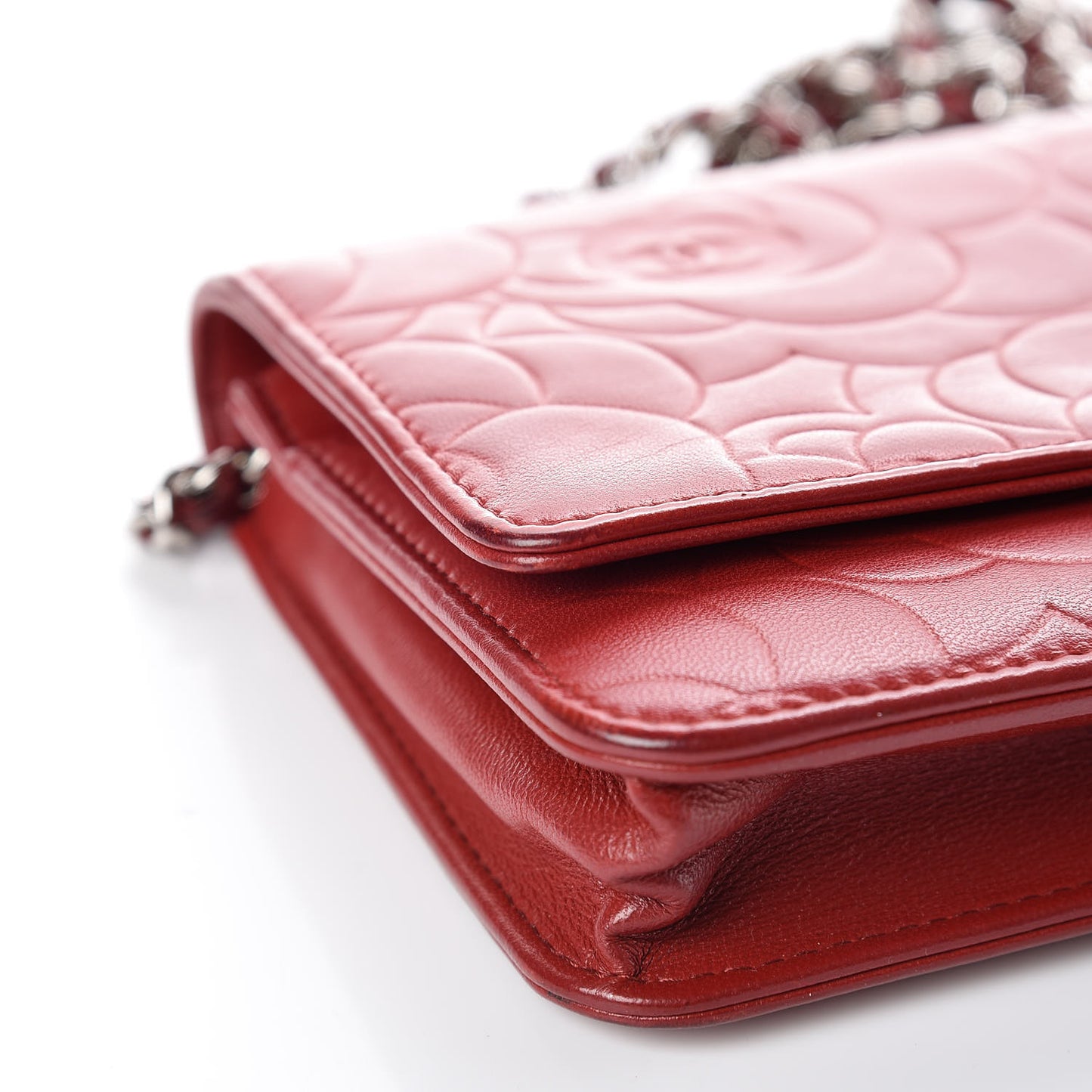 Lambskin Camellia Embossed Wallet On Chain WOC Red